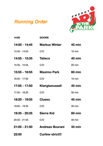 Running Order & Zeitplan